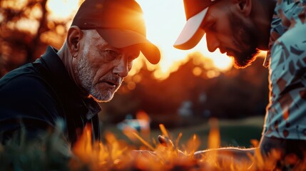 Photo-realistic golf training session, coach advising a golfer on technique, intricate details, realistic surroundings, vibrant colors