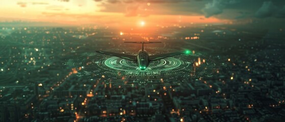 A sleek, AI-powered military drone soars over a digital cityscape at sunset. The green, glowing interface below symbolizes advanced navigation and targeting systems