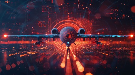 A futuristic military drone, driven by AI, with a sleek design and glowing red optics, engaged in an advanced digital targeting mode. Surrounded by a vibrant, data-filled interface