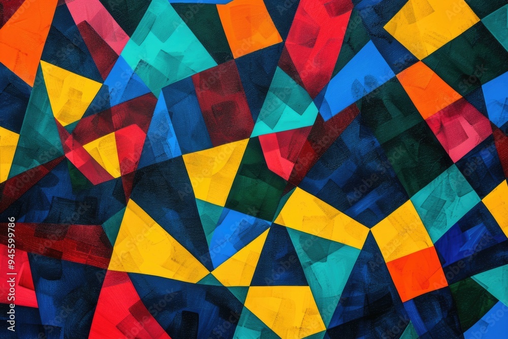 Poster A vibrant and colorful design featuring interconnected triangles in various hues