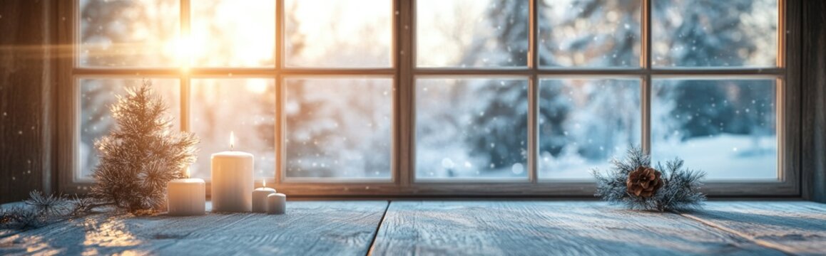 3D rendering of a table background with a winter window backdrop
