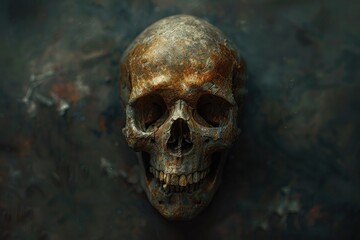 A close-up view of a skull on a table, perfect for adding a touch of eeriness to your design