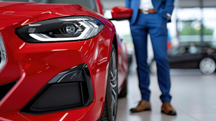 A luxury red car is displayed in a dealership with a man in business attire standing nearby, suggesting a potential purchase.