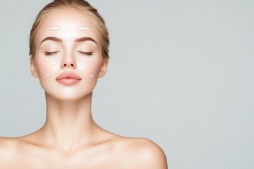 Close-up portrait of young, beautiful and healthy woman with arrows on her face. The spa, surgery, face lifting and skin care concept