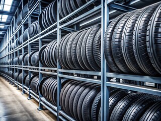 Obraz premium Stacked rows of black rubber tires with silver rims and valves, neatly organized on metal shelves, fill a clean and well-lit garage interior space.