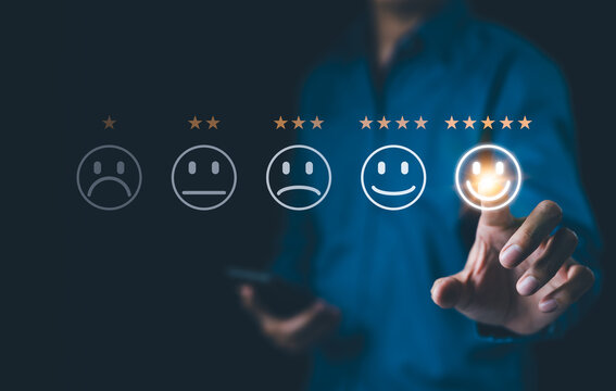 Customer review satisfaction feedback survey concept. Five-star rating on virtual feedback interface, excellent customer satisfaction. emoticons different levels of feedback, customer experience,