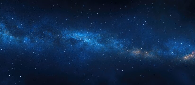 Panorama of a blue night sky featuring a 3D cartoon rendering of the Milky Way and stars against a dark background The universe is filled with stars nebulae and galaxies displaying noise and grain