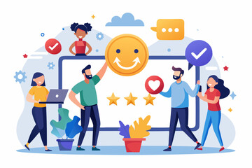 Social media customer feedback review, employee satisfaction, positive feedback on online ranking, giving high score rating, like or happy opinion concept, people carry social feedback elements.
