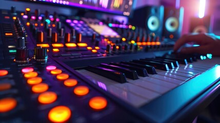 Photo-realistic music production session, producer working on a digital audio workstation, high-resolution details, vibrant colors, dynamic environment