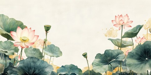 Serene depiction of pink lotus flowers in full bloom, symbolizing purity and tranquility.
