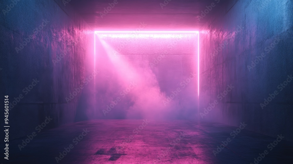 Poster 3d rendering of an empty wall backdrop with a ray of light smoke and neon illumination creating a ma