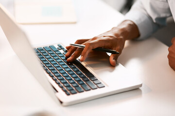 Hands, business and person typing on laptop for email feedback, financial report and communication...