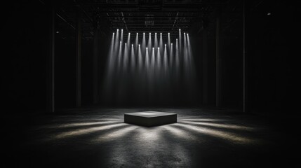 Fototapeta premium A dark, empty stage featuring a central pedestal illuminated by multiple spotlights, creating a dramatic and focused atmosphere.