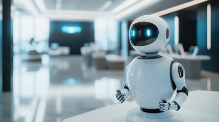 Futuristic AI robot assisting a person in a modern office environment