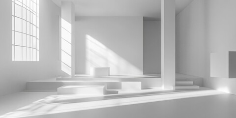 Fototapeta premium 3D rendering of a white minimalist interior featuring geometric cubes