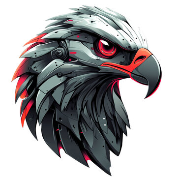 Robotic, mechanical eagle head, red eye and metal feather on a transparent background