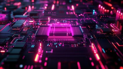 Obraz premium Neon-lit circuit board with a central chip, showcasing the energy and complexity of modern technology. 