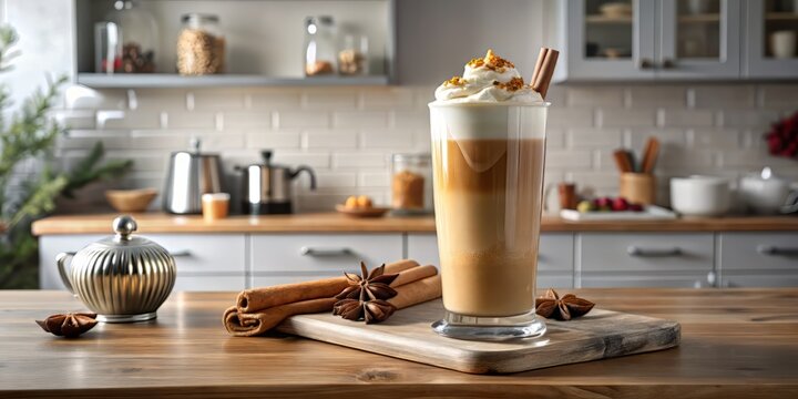  A tall glass of iced gingerbread latte garnished with a cinnamon stick and a sprinkle of nutmeg, placed on a modern kitchen counter, a realistic photo image.