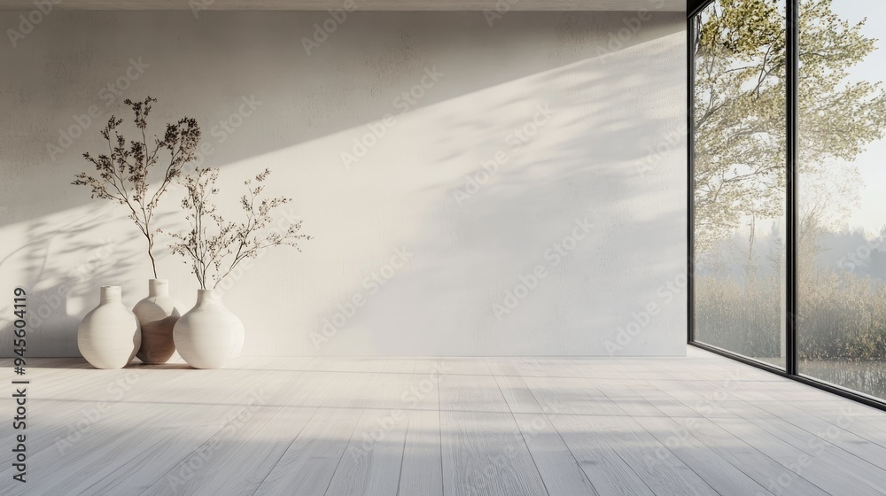 Fototapete minimalist interior of a white empty room featuring vases on a wooden floor decor on a large wall an