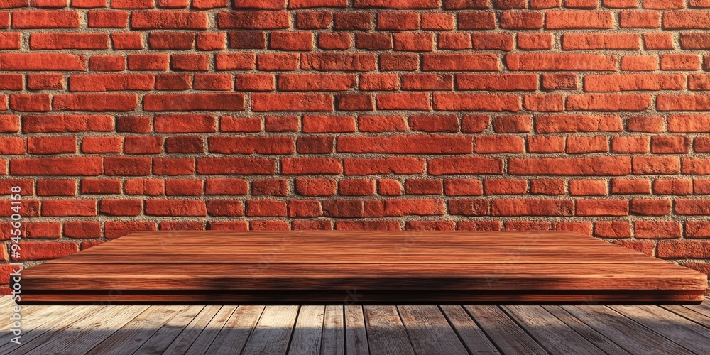 Poster 3d rendering of a wooden table against an abstract red brick wall backdrop