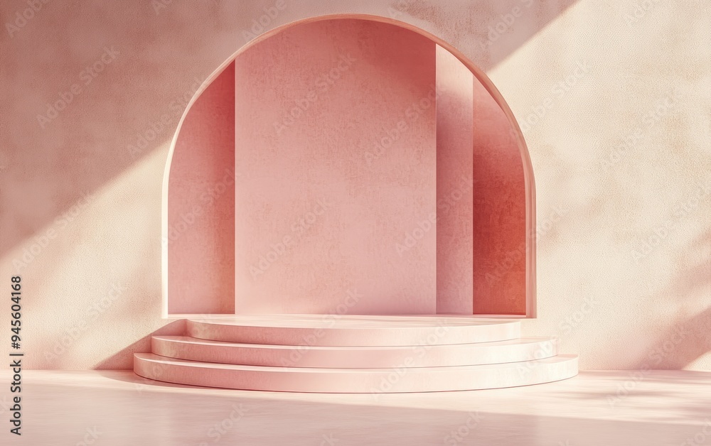 Poster Empty podium with geometric shapes in a pink pastel composition for modern stage display and minimalist mockup featuring an abstract showcase background Concept 3D rendering
