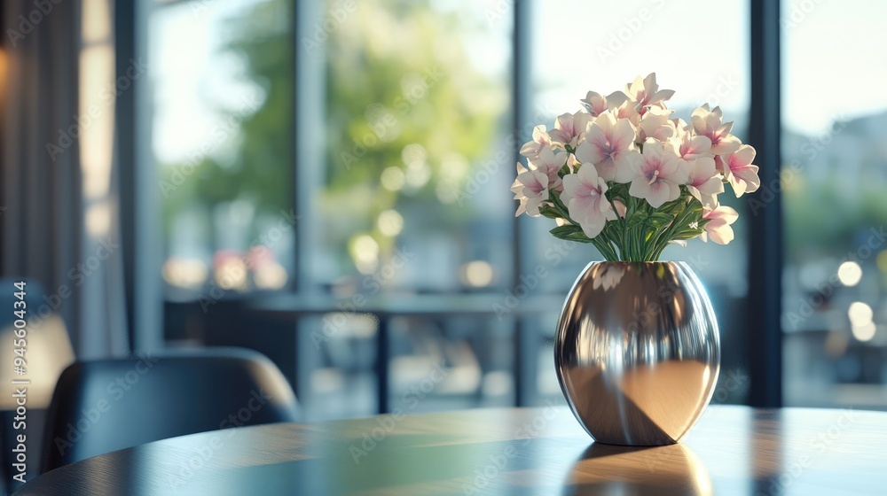 Aufkleber 3D rendering of a flower vase on a table in a cafe