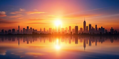 Minimalist background silhouettes of city skyline at sunset , silhouette, minimalist, background, city skyline