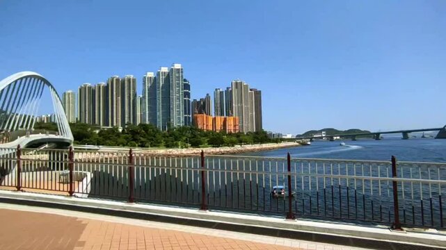 View at summer Tsueng Kwan O waterfront park, Hong Kong 