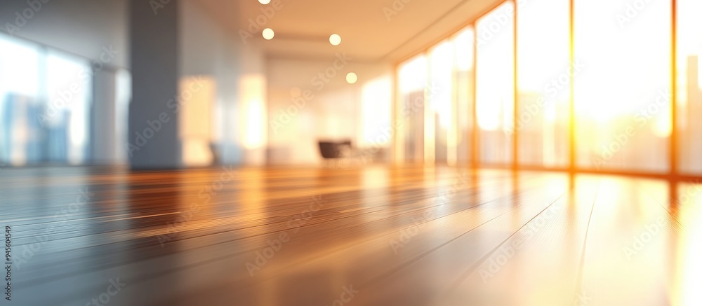 Poster 3D rendering of a blurred empty open space office with abstract light bokeh in the interior background for design
