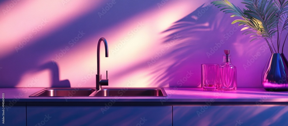 Poster 3D rendering of an industrial minimalist kitchen with sunlight illuminating the sink and a vase placed atop it suitable for background use