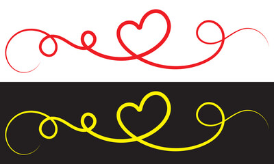 Monoline Red and yellow vintage Vector Valentines Day Hand Drawn Calligraphic Heart. Calligraphy lettering vector illustration. Holiday Design element valentine. isolated on white and black background