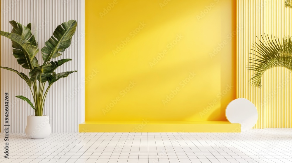 Aufkleber abstract yellow wall featuring various graphic elements alongside a white ceramic mosaic floor in a 