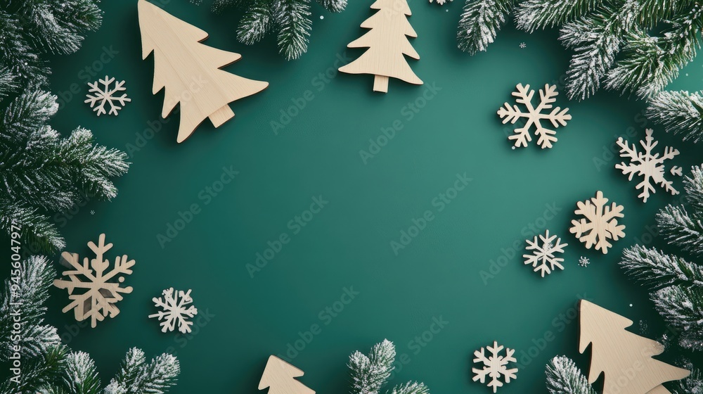 Poster 3d rendering of small wooden christmas trees and snowflakes on a green background winter concept fla