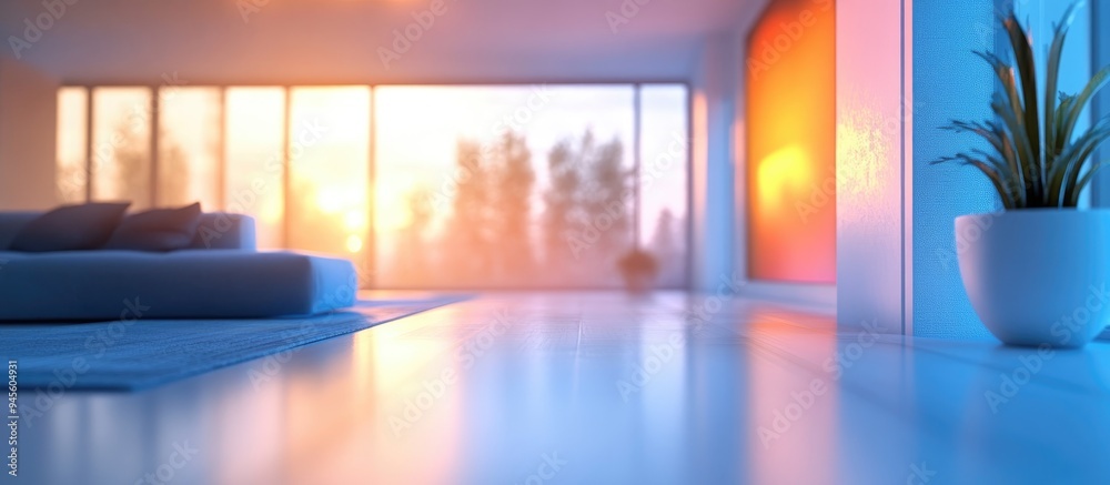 Poster 3D rendering of a blurred living room interior with morning sunlight streaming through a large window featuring a bright white tone for background use