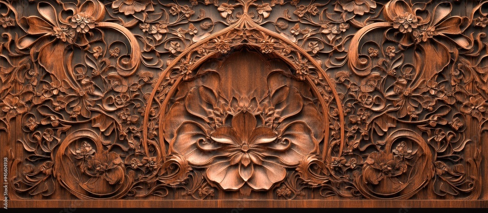 Poster 3d rendering of intricately carved wood background