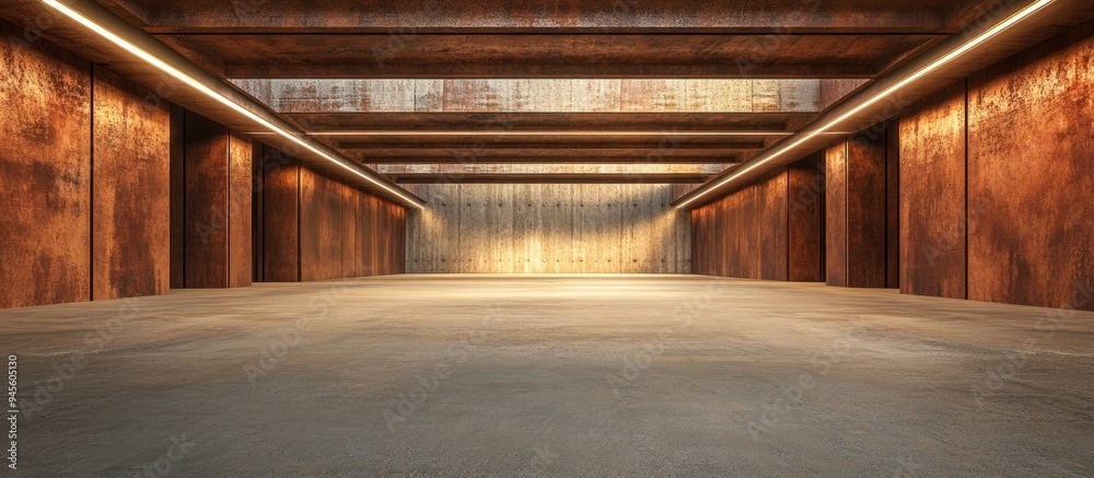 Poster Empty smooth abstract interior featuring rusted metal sheets and brown concrete Architectural background Night view with illumination 3D rendering