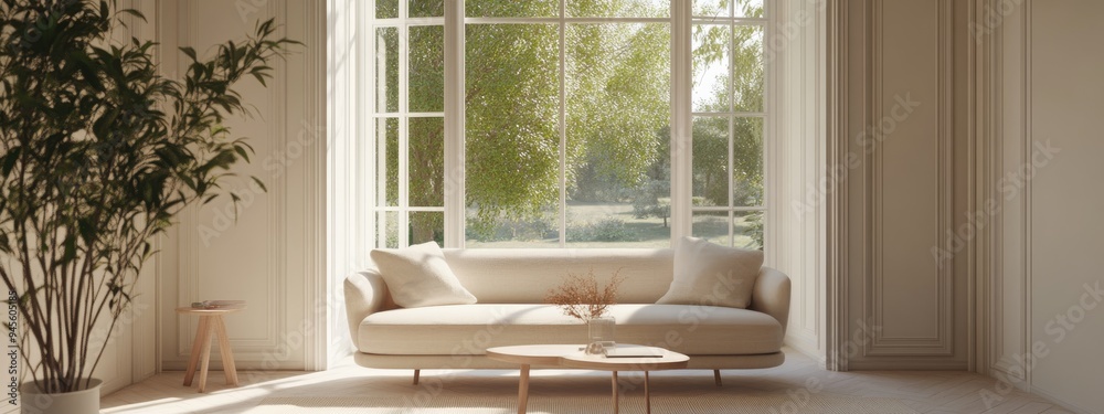 Poster bright living room featuring a sofa and a summer landscape through the window in a scandinavian inte