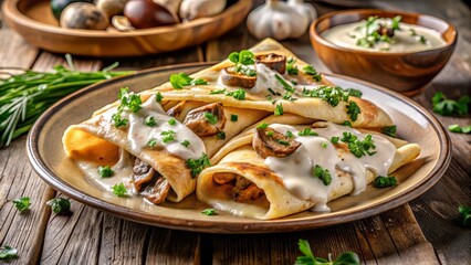 A generous serving of chicken and mushroom crepes, smothered in a rich cream cheese sauce and sprinkled with chopped fresh herbs