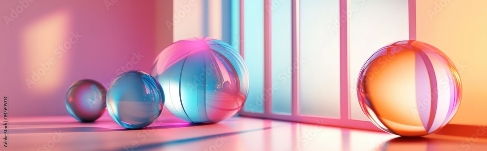 Leinwandbilder 3d rendering of an abstract interior featuring gradient colored glass spheres and a large window