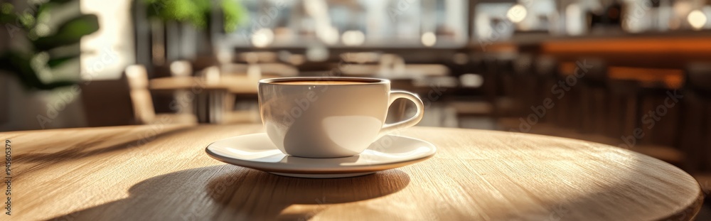 Poster 3D rendering of a cup of coffee on a table in a cafe ambiance