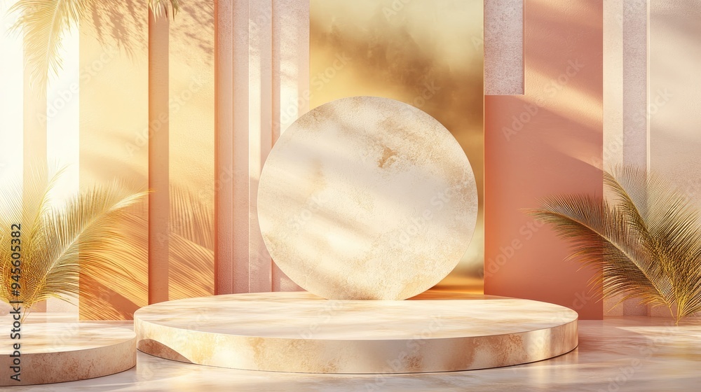 Aufkleber 3D rendering of a minimal empty podium platform background for showcasing products or cosmetics featuring pastel and warm colors in an abstract geometric studio setting