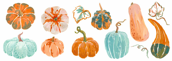 Beautiful autumn set with different hand drawn gouache pumpkin illustrations. Fall design print. Stock clipart illustration.