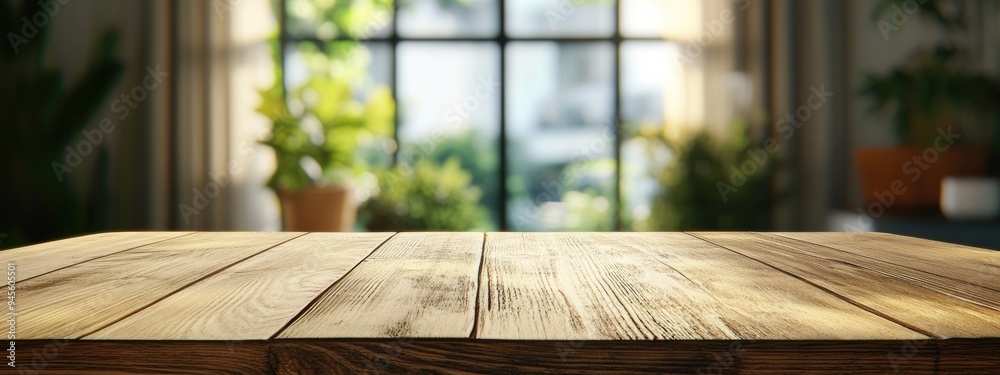 Aufkleber Close up view of a wooden table with a blurred background in 3D rendering