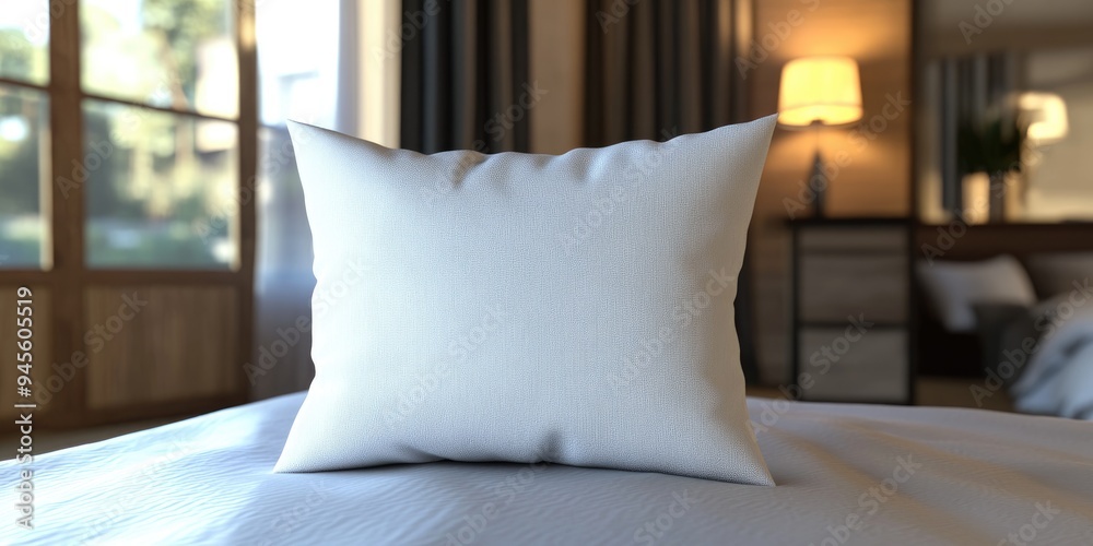 Aufkleber 3d rendering of a white pillow on a bed in a bedroom setting