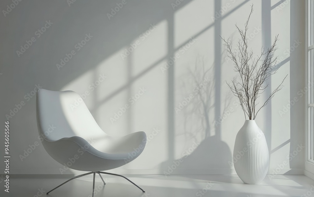 Poster modern white room featuring an armchair in a scandinavian style with 3d rendering