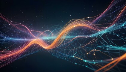 Fototapeta premium The image is a swirling mass of colorful lines and dots, creating a dynamic and abstract pattern. The colors are primarily neon hues of blue, orange, and purple, set against a dark background.