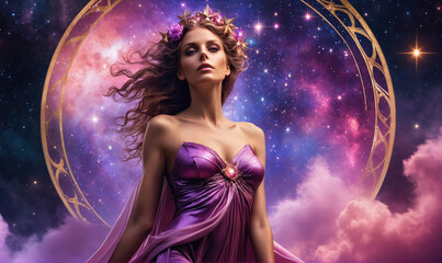 A woman with flowing hair and a flower crown stands before a glowing cosmic circle, framed by stars and clouds