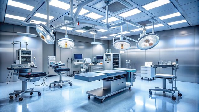 Sterile hospital operating room with metal surgical equipment, gauze, and anesthesia machines, illuminated by bright overhead lighting, ready for medical procedure.