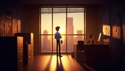 Fototapeta premium Silhouette Businessman Looking Out Window at Sunrise