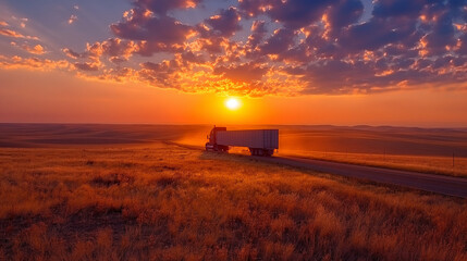 Fototapeta premium Semi Truck Driving at Sunrise on Country Road
